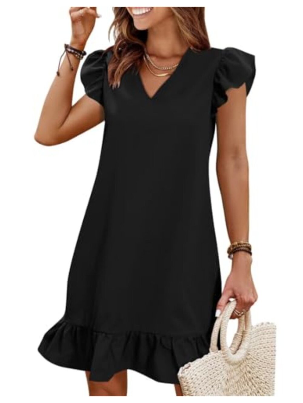 Womens V Neck Cap Sleeve Summer Dress Ruffle Hem Knee Length Casual
